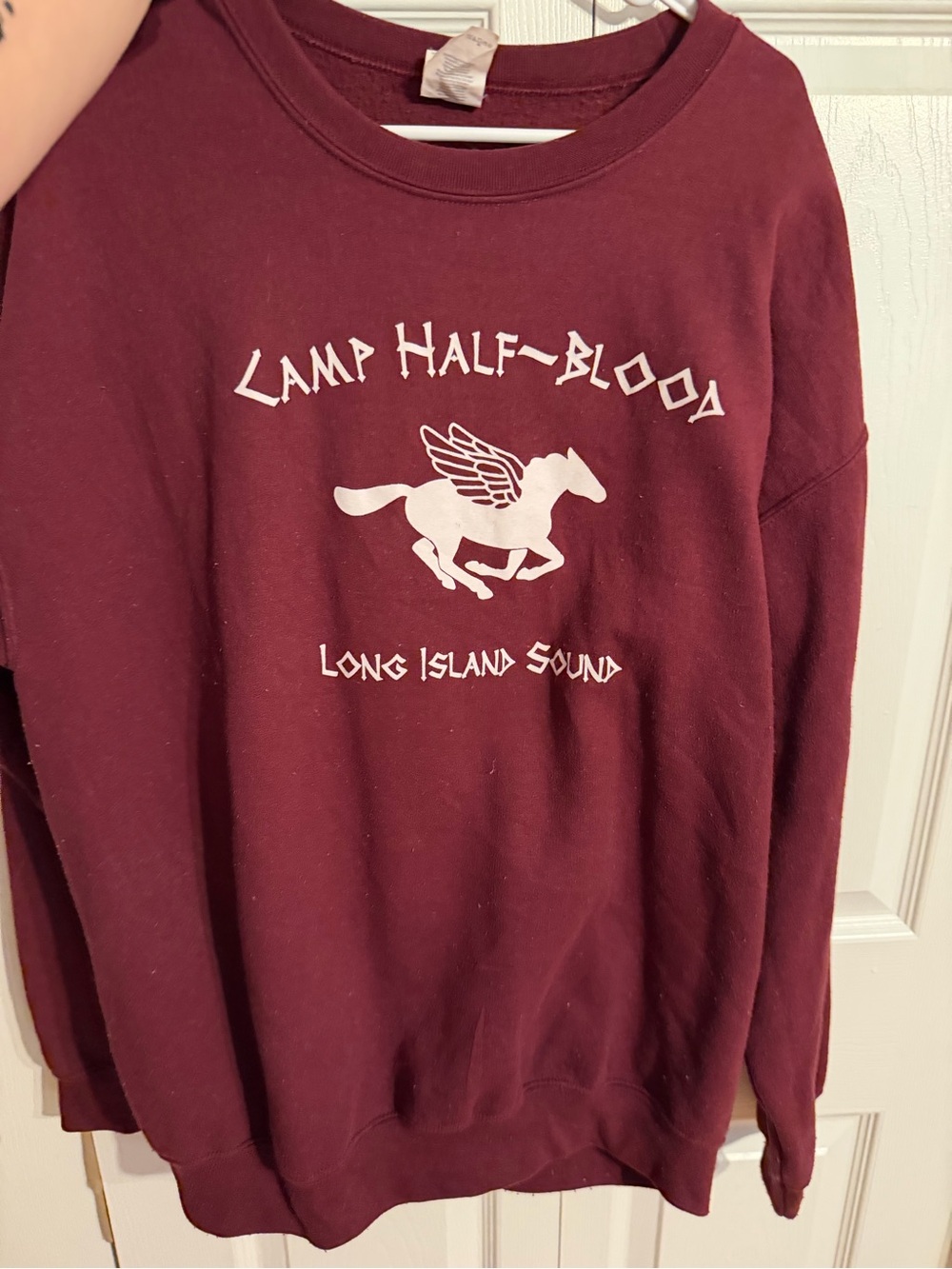 Percy Jackson camp half blood Maroon Crewneck Sweatshirt. Pilling on shirt.